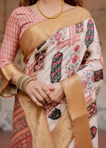Ivory Beige Traditional Motifs Floral Artistry Printed Tussar Silk Saree
