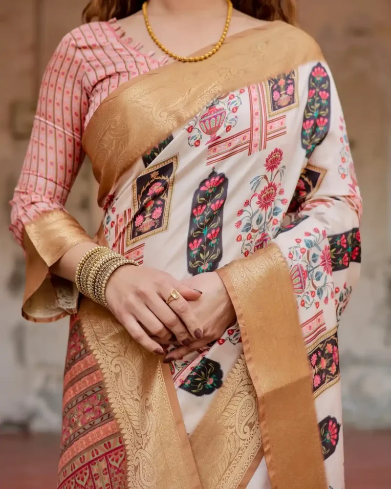 Ivory Beige Traditional Motifs Floral Artistry Printed Tussar Silk Saree