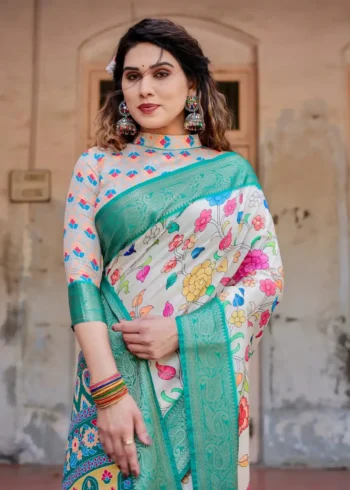 Ivory Floral Digital Printed Tussar Silk Saree