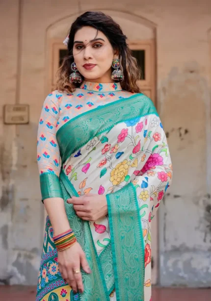 Ivory Floral Digital Printed Tussar Silk Saree