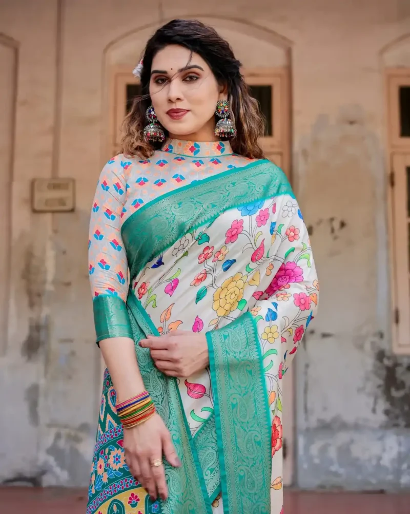 Ivory Floral Digital Printed Tussar Silk Saree