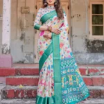 Ivory Floral Digital Printed Tussar Silk Saree