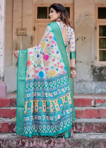 Ivory Floral Digital Printed Tussar Silk Saree