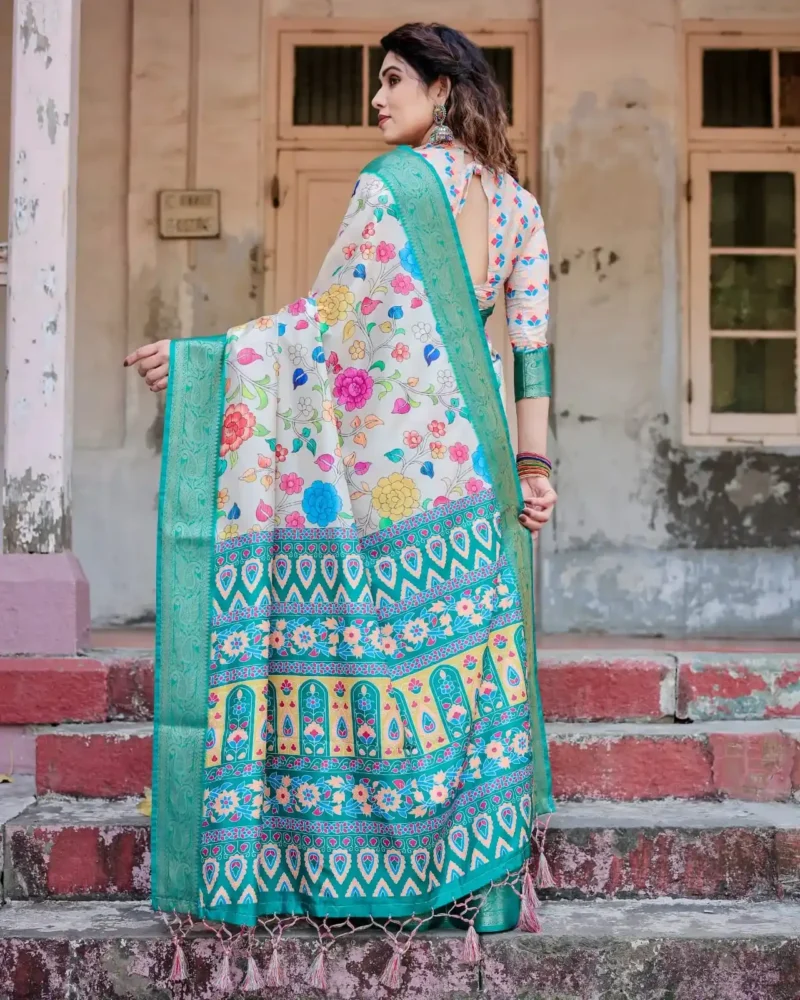 Ivory Floral Digital Printed Tussar Silk Saree