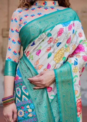 Ivory Floral Digital Printed Tussar Silk Saree