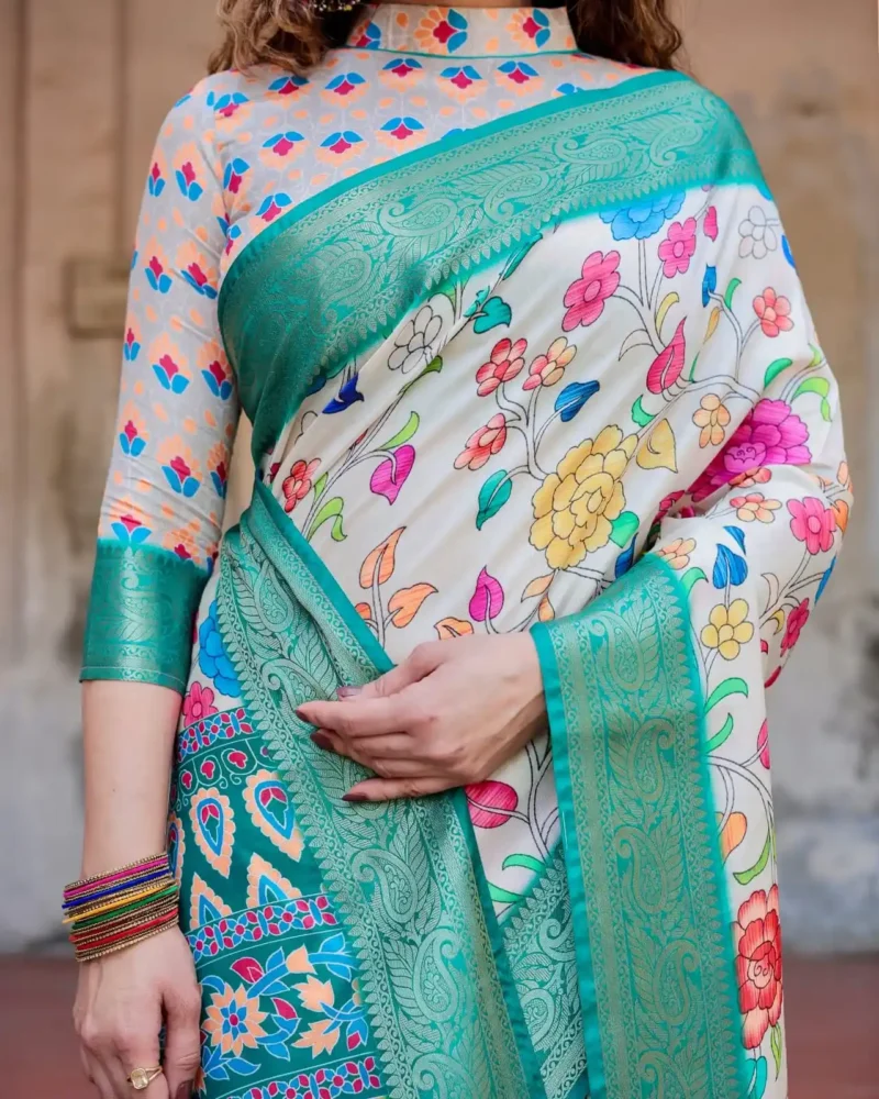 Ivory Floral Digital Printed Tussar Silk Saree