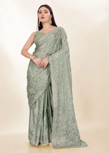Kashmiri Work Designer Party Wear Chinon Silk Saree