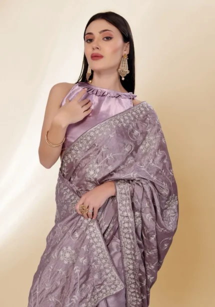 Kashmiri Work Designer Party Wear Chinon Silk Saree