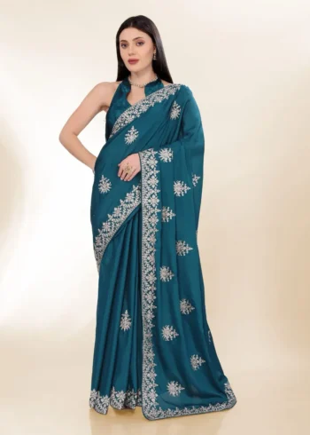 vKashmiri Work Embroidery Party Wear Chinon Silk Saree