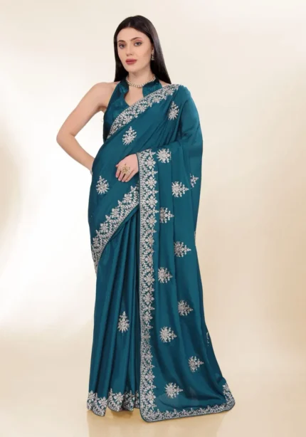 vKashmiri Work Embroidery Party Wear Chinon Silk Saree