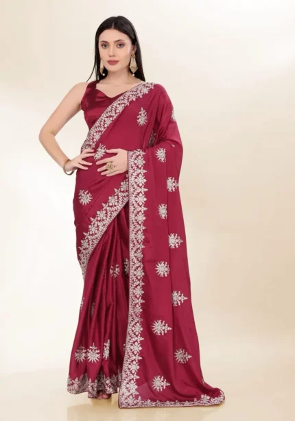 vKashmiri Work Embroidery Party Wear Chinon Silk Saree