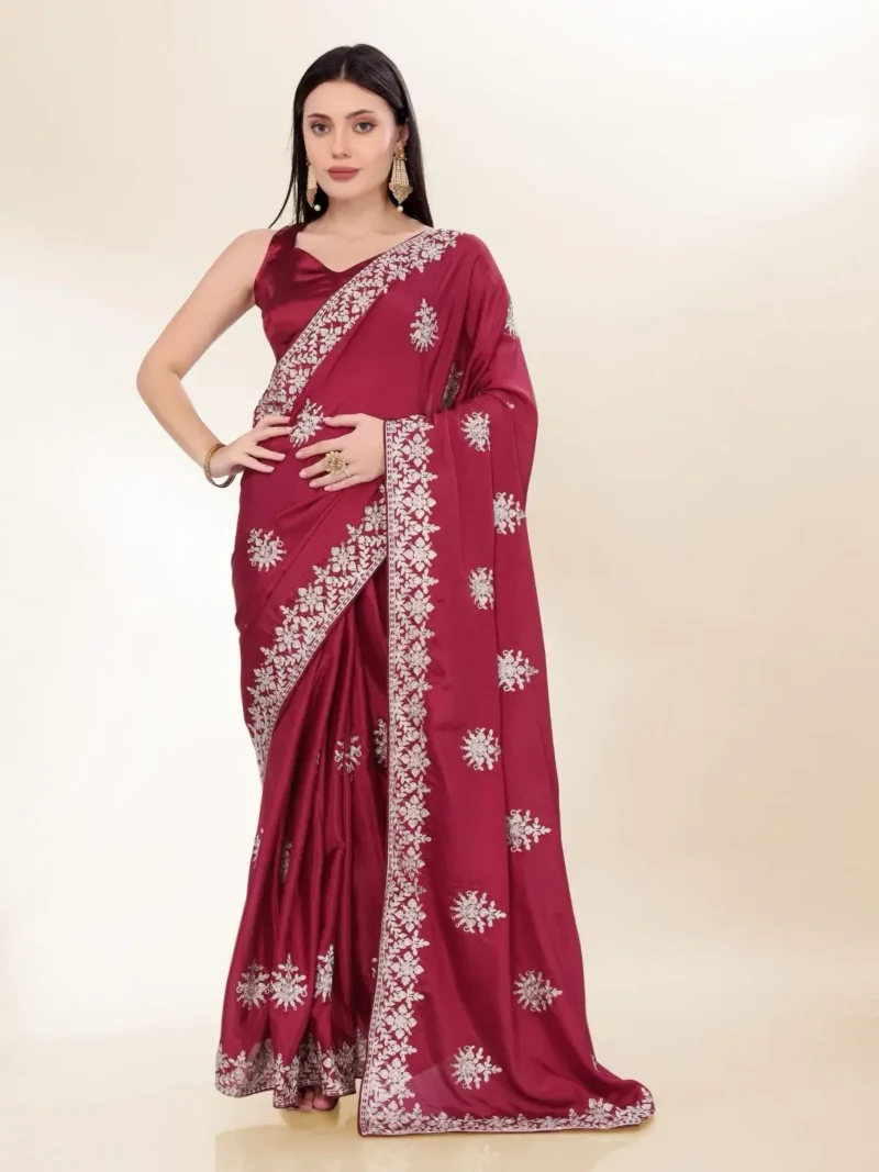 vKashmiri Work Embroidery Party Wear Chinon Silk Saree