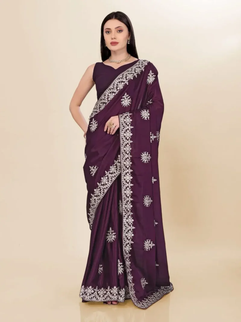 Kashmiri Work Embroidery Party Wear Chinon Silk Saree