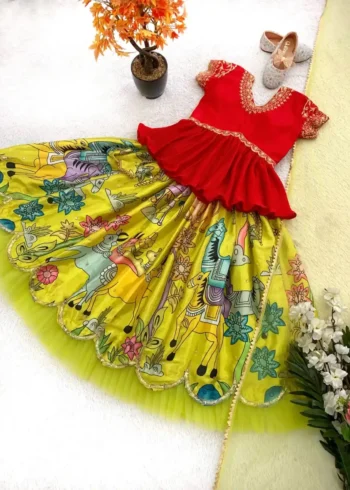Lemon Yellow Kediya Style Lehenga Choli for Kids