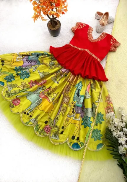 Lemon Yellow Kediya Style Lehenga Choli for Kids