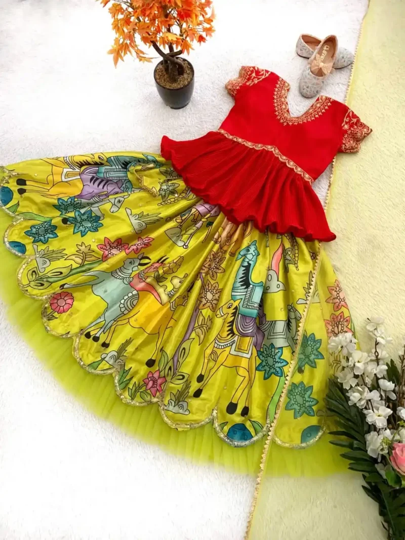 Lemon Yellow Kediya Style Lehenga Choli for Kids