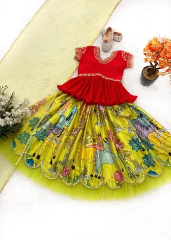 Lemon Yellow Kediya Style Lehenga Choli for Kids