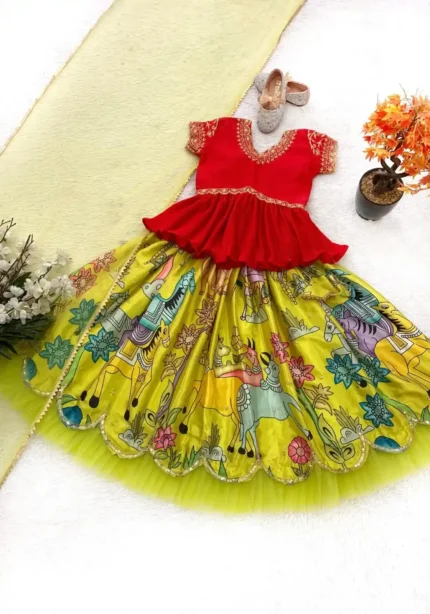 Lemon Yellow Kediya Style Lehenga Choli for Kids