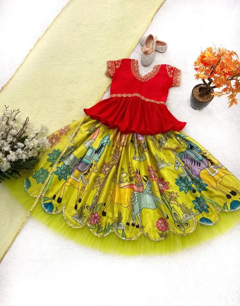 Lemon Yellow Kediya Style Lehenga Choli for Kids