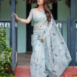 Light Pastel Blue Linen Saree With Floral Digital Print