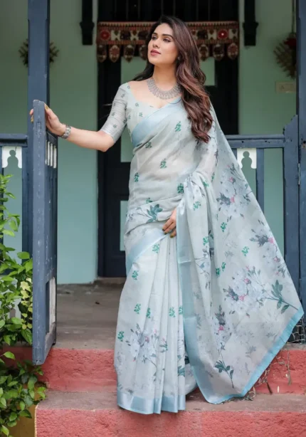 Light Pastel Blue Linen Saree With Floral Digital Print