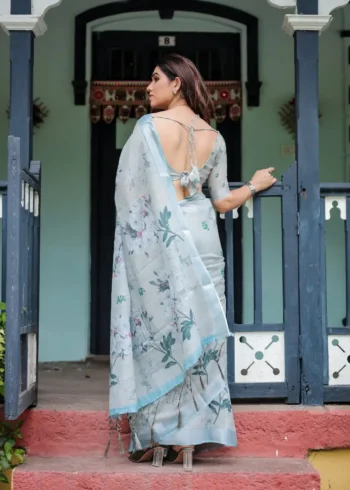 Light Pastel Blue Linen Saree With Floral Digital Print