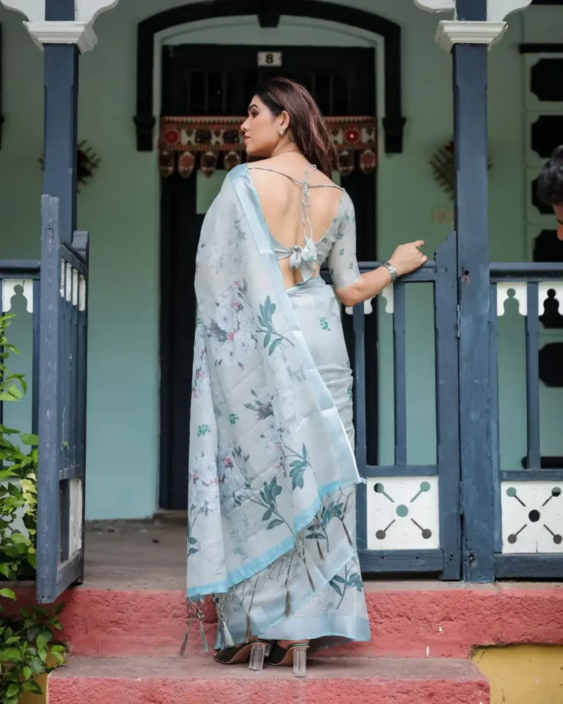 Light Pastel Blue Linen Saree With Floral Digital Print