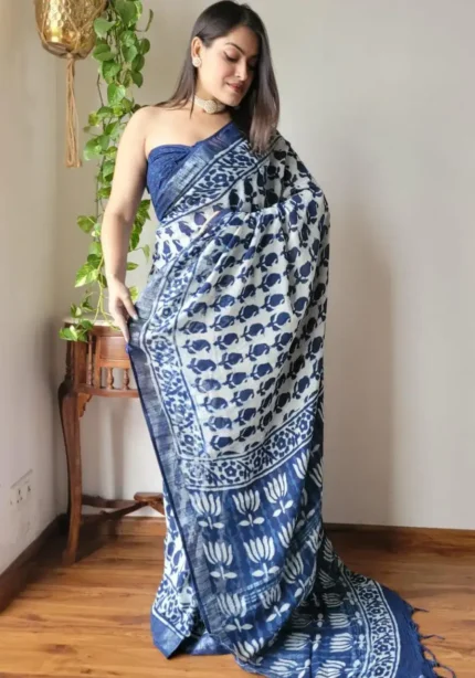 Linen Silk Cotton Sarees With All Over Batik Digital Prints