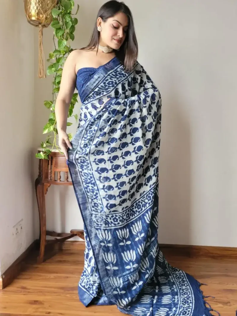 Linen Silk Cotton Sarees With All Over Batik Digital Prints