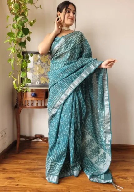 Linen Silk Cotton Sarees With All Over Batik Digital Prints