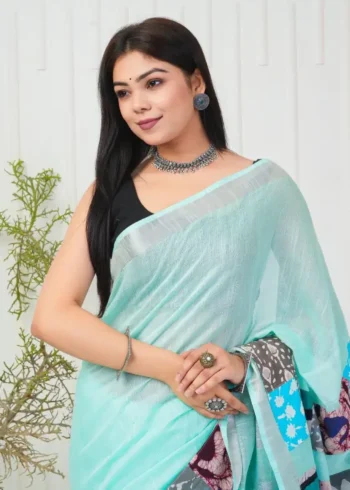 Linen Silk Cotton Sarees With All Over Unique Cut Paste Digital Prints