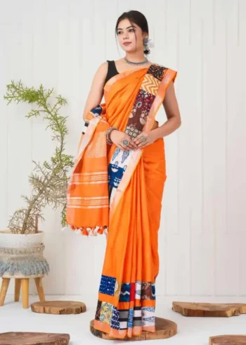 Linen Silk Cotton Sarees With All Over Unique Cut Paste Digital Prints