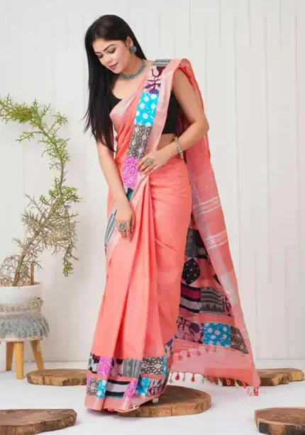 Linen Silk Cotton Sarees With All Over Unique Cut Paste Digital Prints