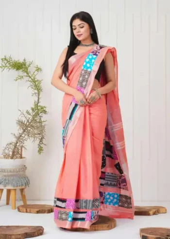 Linen Silk Cotton Sarees With All Over Unique Cut Paste Digital Prints