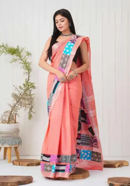 Linen Silk Cotton Sarees With All Over Unique Cut Paste Digital Prints