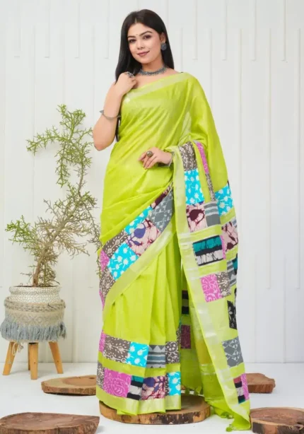 Linen Silk Cotton Sarees With All Over Unique Cut Paste Digital Prints