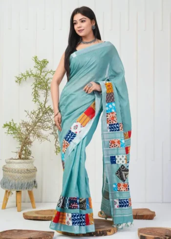 Linen Silk Cotton Sarees With All Over Unique Cut Paste Digital Prints