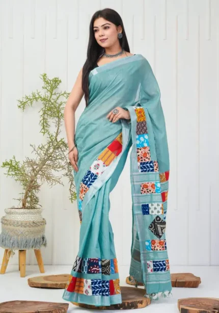 Linen Silk Cotton Sarees With All Over Unique Cut Paste Digital Prints