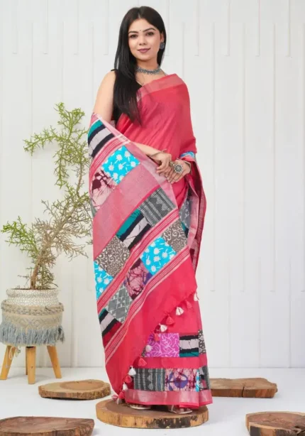 Linen Silk Cotton Sarees With All Over Unique Cut Paste Digital Prints