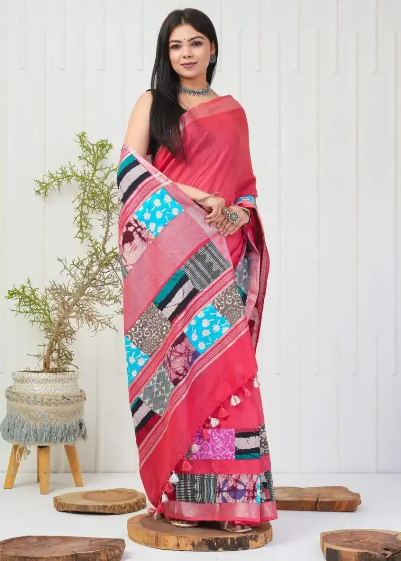 Linen Silk Cotton Sarees With All Over Unique Cut Paste Digital Prints