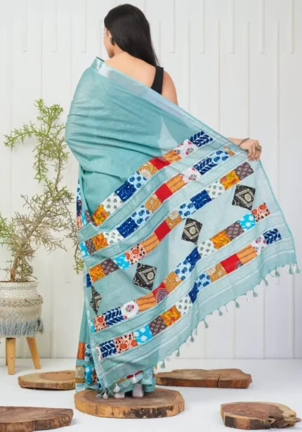 Linen Silk Cotton Sarees With All Over Unique Cut Paste Digital Prints