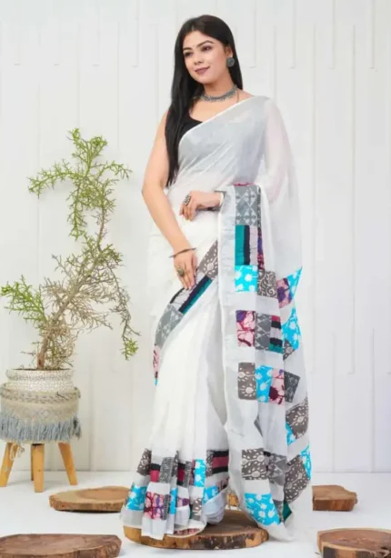 Linen Silk Cotton Sarees With All Over Unique Cut Paste Digital Prints