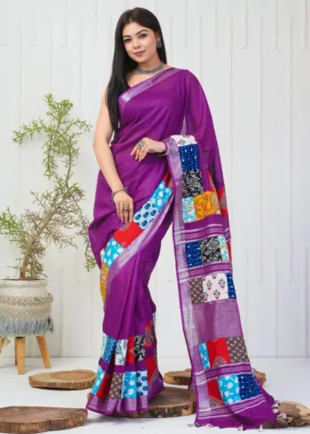 Linen Silk Cotton Sarees With All Over Unique Cut Paste Digital Prints