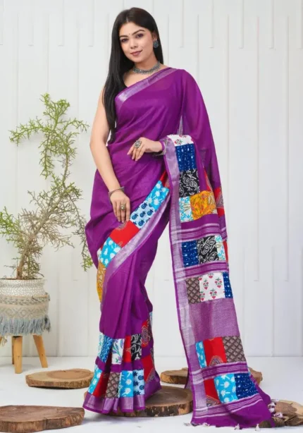 Linen Silk Cotton Sarees With All Over Unique Cut Paste Digital Prints