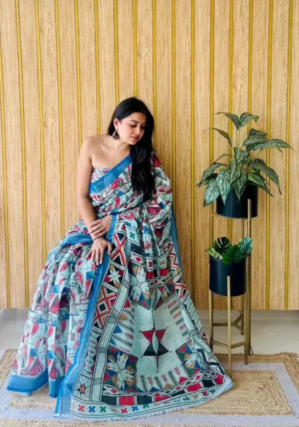 Linen Silk Cotton Sarees With All Over Unique Digital Prints