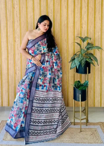 Linen Silk Cotton Sarees With All Over Unique Digital Prints