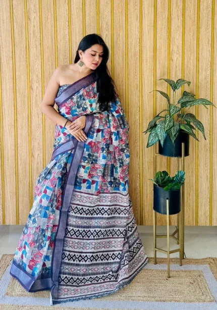 Linen Silk Cotton Sarees With All Over Unique Digital Prints