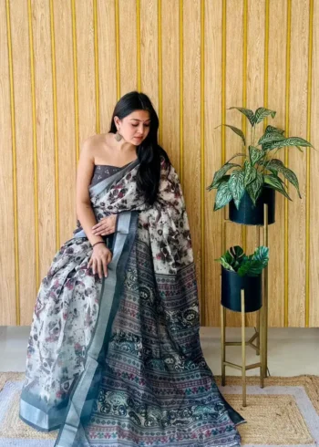 Linen Silk Cotton Sarees With All Over Unique Digital Prints