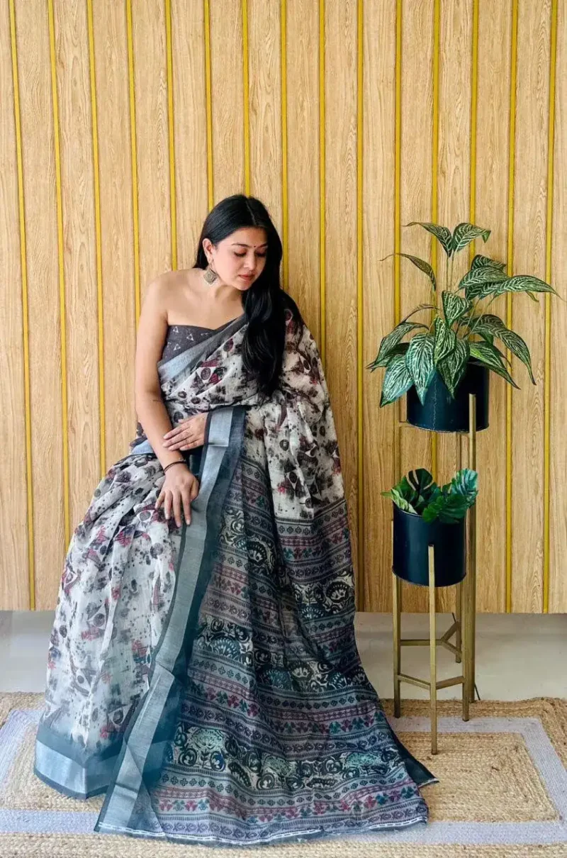Linen Silk Cotton Sarees With All Over Unique Digital Prints