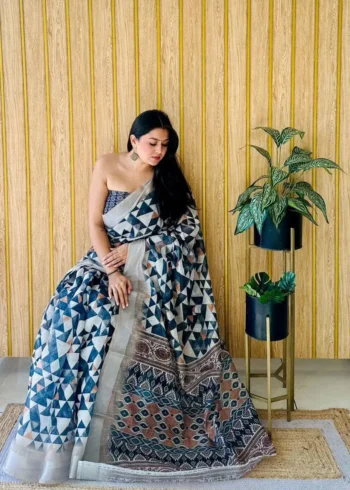 Linen Silk Cotton Sarees With All Over Unique Digital Prints